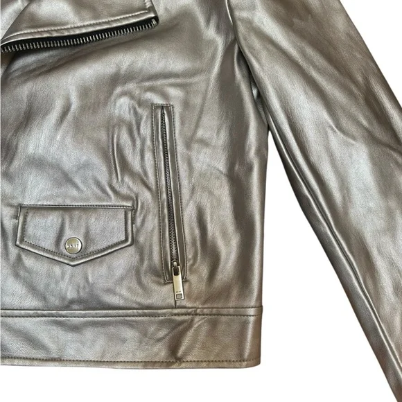 DKNY Metallic Silver Faux Leather Moto Jacket Size Medium - Picture 5 of 11